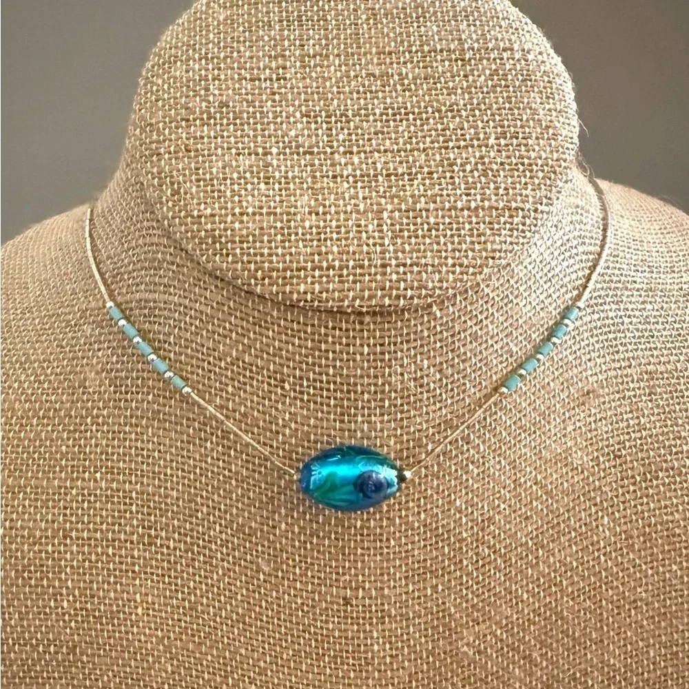 Southwestern Liquid Silver Turquoise Murano Glass Necklace